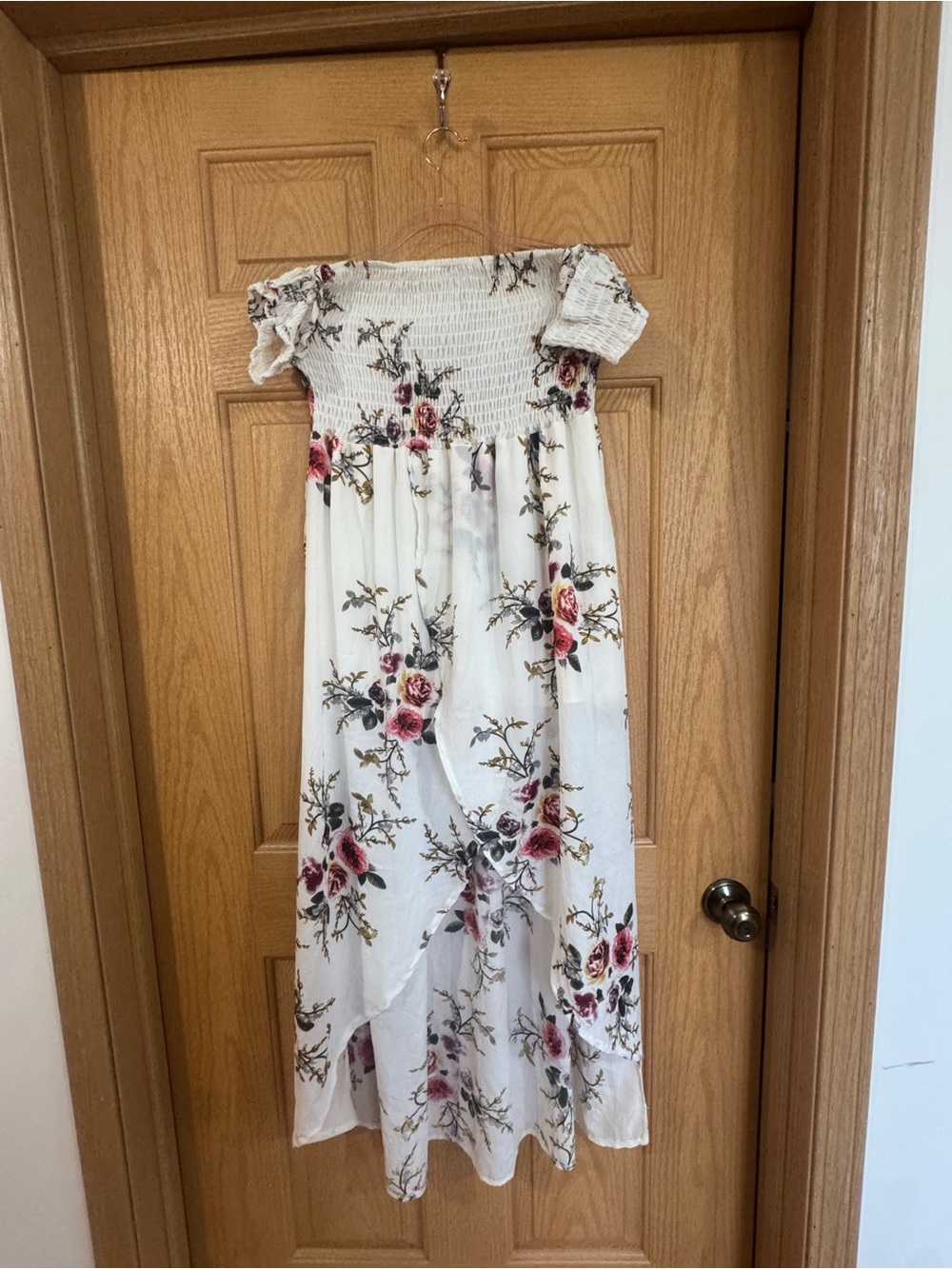 Off-The-Shoulder Floral Smocked High-Low Maxi Dress